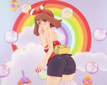  3d animated animated_gif ass ass_shake bike_shorts blue_eyes blush breasts breasts_out brown_hair come_hither koikatsu_(medium) looking_at_viewer looking_back looping_animation may_(pokemon) may_(pokemon_oras) medium_breasts nintendo nipples pants_around_one_leg pokemon pokemon_oras tagme tongue tongue_out witchanon 