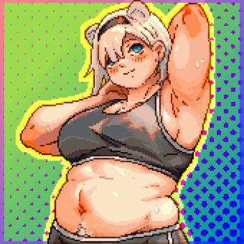 1girl animal_ears arknights arm_behind_head armpits aurora_(arknights) blue_border blue_eyes blush border breasts caffichai cleavage closed_mouth commentary english_commentary fat_woman hair_over_one_eye hairband head_tilt highres large_breasts looking_at_viewer medium_hair navel outline pixel_art pubic_hair pubic_hair_peek solo sports_bra thick_arms upper_body white_hair yellow_outline