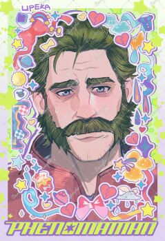  1boy blue_eyes bow broken_heart brown_hair character_name closed_mouth commentary dispatch english_commentary facial_hair heart highres lipeka looking_at_viewer male_focus mutton_chops phenomaman_(dispatch) planet portrait rainbow ribbon sample_watermark saturn_(planet) short_hair smile solo sparkle star_(symbol) sticker watermark 