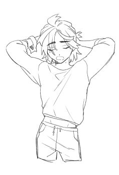  1boy adjusting_hair arms_behind_head arms_up closed_eyes dot_nose hair_lift hair_tie_on_wrist hands_in_own_hair highres kieran_(pokemon) long_sleeves midriff_peek mole mole_on_neck monochrome naruse_makoto nintendo open_mouth pokemon pokemon_sv sketch solo sweater tying_hair 