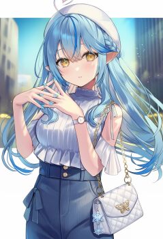  1girl ahoge aria_(ariacue) beret blue_hair blue_nails blue_pants blue_streaks blurry blurry_background braid breasts clothing_cutout colored_tips commentary_request cowboy_shot crossed_bangs denim double-parted_bangs elf flower frilled_shirt frills hair_between_eyes hair_flower hair_ornament half_up_braid hat heart heart_ahoge high-waist_pants highres hololive interlocked_fingers jeans large_breasts long_hair looking_at_viewer multicolored_hair nail_polish outdoors own_hands_together pants parted_lips pointy_ears shirt shoulder_cutout solo streaked_hair virtual_youtuber watch white_hat white_shirt wristwatch yellow_eyes yukihana_lamy 