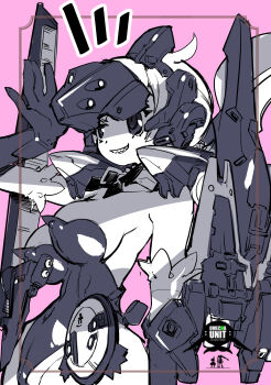  1girl advance_of_zeta advance_of_zeta_re-boot ahoge breasts clenched_teeth commentary_request covered_erect_nipples covered_navel cowboy_shot detached_collar elbow_gloves evil_smile from_side gaplant gloves gundam hand_up head-mounted_display highres kenki_fujioka large_breasts leotard mecha mecha_musume notice_lines open_hand personification pink_background robot science_fiction simple_background smile solo standing strapless strapless_leotard teeth thighs zeta_gundam 