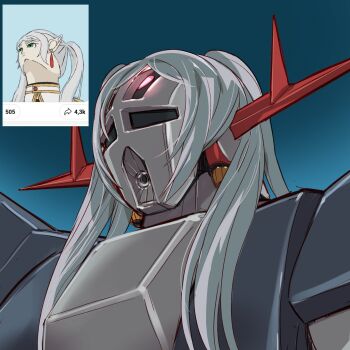  1girl close-up commentary_request energy_cannon frieren gundam highres keuma long_hair looking_up mecha mecha_focus meme mobile_suit_gundam reference_inset robot solo sousou_no_frieren twintails upward_angle_frieren_drawing_(meme) white_hair zeong  rating:General score:2 user:danbooru