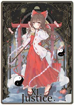  1girl ascot between_fingers bow brown_eyes brown_hair card_(medium) chinese_commentary commentary detached_sleeves frilled_bow frilled_hair_tubes frills gohei hair_bow hair_tubes hakurei_reimu holding holding_gohei holding_ofuda huaijiu justice_(tarot) long_hair ofuda ofuda_between_fingers orb red_bow red_skirt ribbon-trimmed_sleeves ribbon_trim sandals skirt skirt_set solo tarot tarot_(medium) toes torii touhou yellow_ascot yin_yang yin_yang_orb 