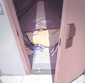  1girl apartment bad_id bad_twitter_id black_shirt blouse bukkake cum cum_on_body cum_on_clothes door female_focus hassai long_hair lying navel on_back on_floor open_door original panties partially_undressed purple_hair shirt side-tie_panties socks solo stomach suggestive_fluid underwear untied_panties unworn_socks very_long_hair white_panties wooden_floor  rating:Explicit score:1006 user:danbooru