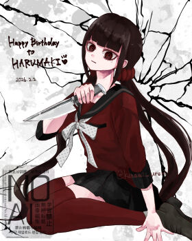  1girl absurdres black_hair black_sailor_collar blunt_bangs commentary_request danganronpa_(series) danganronpa_v3:_killing_harmony hair_ornament hair_scrunchie happy_birthday harukawa_maki highres holding holding_knife knife long_hair long_sleeves looking_at_viewer low_twintails mole mole_under_eye red_eyes red_scrunchie red_shirt red_thighhighs sailor_collar school_uniform scrunchie shirt skirt solo thighhighs twintails xi_li_ye_wei 