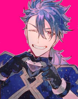  1boy absurdres black_gloves blue_bodysuit blue_hair bodysuit commentary_request cu_chulainn_(fate) earrings fangs fate/grand_order fate/stay_night fate_(series) finger_heart gloves hair_between_eyes hands_up highres jewelry long_hair looking_at_viewer low_ponytail male_focus one_eye_closed pink_background pink_eyes ponytail ryousuke_(tukr5384) simple_background smile solo star_(symbol) teeth upper_body 