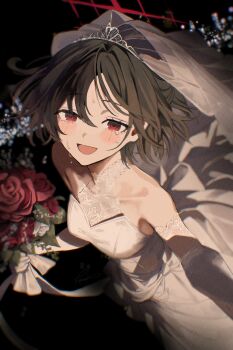  1girl :d absurdres bare_shoulders black_hair blue_archive bouquet collarbone commentary_request dress elbow_gloves flower gloves halo highres holding holding_bouquet looking_at_viewer misaki_(blue_archive) nanjo_maya open_mouth red_eyes red_flower red_halo red_rose rose short_hair smile solo tiara wedding_dress white_gloves  rating:Sensitive score:1 user:danbooru