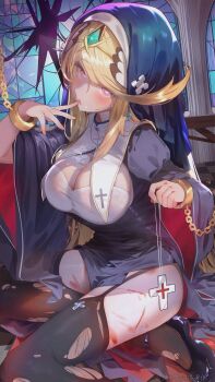  1girl absurdres black_hood black_shoes black_thighhighs blonde_hair blood blush breasts chain cleavage commentary_request cross cuts drooling halloween halloween_costume heart heart-shaped_pupils high_heels highres holding holding_cross indoors injury large_breasts long_hair looking_at_viewer mythra_(xenoblade) northertrain nun open_mouth pink_eyes restrained shoes solo symbol-shaped_pupils thighhighs tiara torn_clothes torn_thighhighs xenoblade_chronicles_(series) xenoblade_chronicles_2 