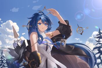  1girl absurdres arknights arm_up astgenne_(arknights) bare_shoulders black_jacket blue_eyes blue_hair blue_sky breasts cloud commentary_request day dress hair_between_eyes highres jacket long_hair long_sleeves looking_at_viewer medium_breasts off_shoulder open_clothes open_jacket origami-hui outdoors parted_lips power_lines puffy_long_sleeves puffy_sleeves sky sleeveless sleeveless_dress snow solo tree white_dress 