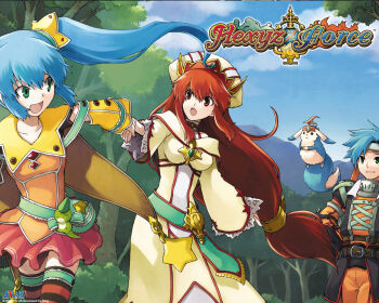  2boys 2girls age_difference animal armor atlus bag bandana belt belt_buckle blue_hair blue_sky breasts brother_and_sister buckle cecilia_armaclite closed_mouth cloud collarbone copyright_name detached_sleeves dragging dress facing_another floating floating_hair flying forest gem green_eyes hair_ornament hair_tie hand_grab hand_up happy hat headband headwear_request hexyz_force holding holding_another's_wrist holding_hands hovering jacket jewelry laughing leaf leaves long_hair long_sleeves looking_at_another looking_back looking_to_the_side low-tied_long_hair luffina_gemini matching_hair/eyes medium_breasts mountain multiple_boys multiple_girls nature official_art official_wallpaper open_mouth orange_pants orange_shirt outdoors pants pauldrons pleated_skirt pouch rafael_gemini ralu_(hexyz_force) red_eyes red_hair running shirt short_hair shoulder_armor siblings skirt sky small_breasts smile spiked_hair star_(symbol) thighhighs tiara tobe_sunaho tongue tree twins twintails very_long_hair walking  rating:Sensitive score:3 user:HimawariMirai