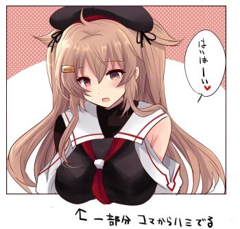 1girl beret black_hat black_shirt breasts brown_hair commentary_request hat heterochromia highres hirune_(konekonelkk) kantai_collection large_breasts long_hair murasame_(kancolle) murasame_kai_ni_(kancolle) neckerchief red_eyes red_neckerchief sailor_collar school_uniform serafuku shirt solo translation_request two_side_up white_sailor_collar 