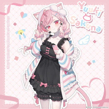  1girl :3 ahoge animal_ears artist_request black_bloomers black_negligee bloomers blue_bow blue_cardigan blush bow braid breasts cardigan cat_ears cat_girl cat_hair_ornament cat_tail cellphone character_name closed_mouth collarbone copyright_notice fingernails frilled_cardigan hair_bow hair_ornament hairclip holding holding_phone indie_virtual_youtuber lingerie long_hair long_sleeves looking_at_viewer multicolored_cardigan nail_polish negligee official_art phone pink_background pink_cardigan pink_eyes pink_hair pink_nails pink_tail promotional_art smartphone smile solo star_(symbol) star_hair_ornament striped_cardigan tail twin_braids twintails underwear virtual_youtuber white_cardigan wireless_earphones yuuki_sakuna 