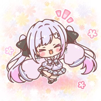  1girl :d ^_^ black_bow black_shoes blush_stickers bow chibi closed_eyes commentary_request commission copyright_request facing_viewer floral_background hair_bow hair_intakes hair_ornament hairclip highres jacket long_sleeves mitarashi_neko notice_lines open_mouth plaid_bow plaid_clothes plaid_skirt pleated_skirt puffy_long_sleeves puffy_sleeves purple_jacket rabbit_hair_ornament shoes skeb_commission skirt sleeves_past_fingers sleeves_past_wrists smile socks solo standing standing_on_one_leg virtual_youtuber white_socks 