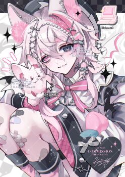  1boy animal_ears bandaid bandaid_on_knee bandaid_on_leg commentary commission creature food fruit hair_between_eyes hair_ornament hairclip head_tilt heterochromia highres kaminoq looking_at_viewer male_focus original peach ribbon skeb_commission smile solo sparkle teeth untranslatable_commentary watermark 