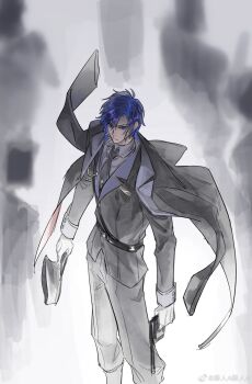  1boy aiguillette arm_at_side belt black_belt black_boots black_coat black_hat black_jacket black_necktie black_pants blue_eyes blue_hair boots chinese_commentary clarence_clayden clarence_clayden_(mystery) closed_mouth coat coat_on_shoulders collar_chain_(jewelry) collared_shirt commentary_request contrast_lapels crabwzzzz curtained_hair feet_out_of_frame gloves grey_shirt gun hair_between_eyes handgun hat highres holding holding_gun holding_unworn_clothes holding_unworn_hat holding_weapon jacket lapels long_sleeves looking_ahead looking_at_viewer lovebrush_chronicles male_focus mauser_c96 military_uniform mole mole_under_eye necktie notched_lapels pants pants_tucked_in peaked_cap people sam_browne_belt serious shirt short_hair sleeve_cuffs solo_focus standing unworn_hat unworn_headwear v-shaped_eyebrows weapon white_gloves 