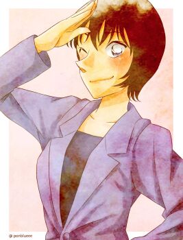  1girl ;) artist_name black_hair black_shirt border brown_background commentary_request hand_on_own_hip highres jacket long_sleeves looking_at_viewer meitantei_conan one_eye_closed outside_border ponblue purple_eyes purple_jacket salute satou_miwako shirt short_hair smile solo upper_body white_border 