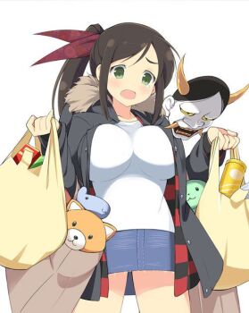  1girl bag black_coat black_jacket blue_skirt blush bow breasts brown_hair casual checkered_clothes checkered_jacket cleavage coat collarbone denim denim_skirt embarrassed floral_print_bow food fur-trimmed_coat fur_trim green_eyes groceries grocery_bag hair_bow hair_ribbon hannya holding holding_bag jacket large_breasts long_hair looking_at_viewer mask miniskirt multicolored_jacket murakumo_(senran_kagura) noh_mask official_art oni_mask open_mouth paper_bag plastic_bag red_jacket ribbon senran_kagura senran_kagura_new_wave senran_kagura_shinovi_versus shirt shopping_bag side_ponytail simple_background skirt solo stuffed_animal stuffed_toy surprised swept_bangs tearing_up two-tone_jacket unworn_mask wardrobe_malfunction white_background white_shirt 