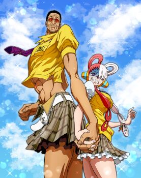  1boy 1girl abs absurdres artist_collaboration back-to-back behind-the-head_headphones belt belt_buckle biceps black_hair blue_ribbon blue_sky brown_skirt buckle cloud commentary_request cowboy_shot crossdressing crossdressing_(mtf) dedeen diffraction_spikes disgust facial_hair fingernails frilled_skirt frilled_sleeves frills from_side glasses green_skirt grimace hair_over_one_eye hair_rings headphones height_difference highres holding_hands interlocked_fingers jakasu kizaru_(one_piece) layered_skirt light_smile lion_(macross_frontier) long_hair looking_at_viewer looking_down marine_uniform_(one_piece) mature_male midriff mismatched_eyebrows multicolored_hair multiple_wristbands mustache_stubble neck_ribbon necktie nervous_sweating one_piece one_piece_film:_red orange-tinted_eyewear parody plaid_clothes plaid_skirt puffy_short_sleeves puffy_sleeves purple_eyes purple_necktie red_hair red_ribbon ribbon school_uniform shirt short_hair short_sleeves sideburns skirt sky smile split-color_hair striped_ribbon stubble sunglasses sweat sweater_vest symmetrical_hand_pose tall_male tearing_up teeth thick_eyebrows thick_lips tie_clip tinted_eyewear turn_pale two-tone_hair two-tone_ribbon uta_(one_piece) white_belt white_hair white_ribbon white_skirt yellow_shirt yellow_sweater_vest 