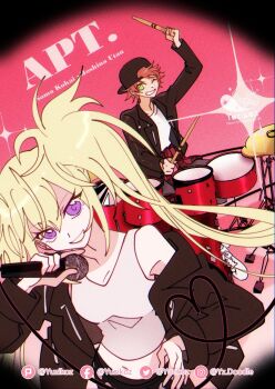  1boy 1girl apt._(rose_&amp;_bruno_mars) black_jacket chinese_commentary commentary_request drum drum_set drumsticks facebook_username green_eyes hair_between_eyes hand_on_own_hip highres holding holding_drumsticks holding_microphone hoshina_utau instagram_username instrument jacket looking_at_viewer microphone purple_eyes short_hair shugo_chara! sitting smile song_name souma_kuukai sparkle tank_top twintails twitter_username yuzikoz_mega 
