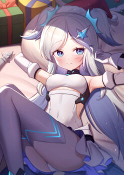  1girl armpits arms_up blue_eyes blush breasts christmas_present closed_mouth commentary covered_navel dress elbow_gloves fur-trimmed_headwear fur_trim gift gloves hair_ornament hat highres long_hair looking_at_viewer lying mea_(starseed) medium_breasts on_back panties pantyhose santa_hat short_dress solo starseed:_asnia_trigger two_side_up underwear uneg white_dress white_gloves white_hair white_panties 