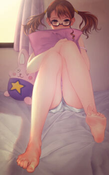 10s 1girl anjou_naruko ano_hi_mita_hana_no_namae_wo_bokutachi_wa_mada_shiranai. barefoot bed blush brown_hair feet glasses highres hohoemidebu legs hugging_object pillow pillow_hug shorts sitting soles strap_slip stuffed_toy thighs toe_scrunch toes twintails rating:Sensitive score:113 user:danbooru