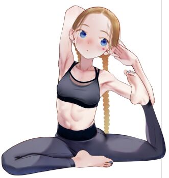 1girl abs armpits barefoot blonde_hair blue_eyes blush braid breasts commentary_request expressionless facial_mark full_body haguhagu_(rinjuu_circus) heart heart_facial_mark highres leggings long_hair looking_to_the_side navel original paid_reward_available pigeon_pose sasha_(haguhagu) simple_background small_breasts soles solo sports_bra toes twin_braids white_background yoga rating:Sensitive score:142 user:danbooru