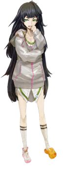  1girl asymmetrical_footwear bare_legs black_hair cover cover_page crocs dress full_body green_eyes green_trim grey_jacket hand_to_own_mouth hand_up hiyajou_maho hood hooded_jacket hoodie jacket kneehighs long_hair looking_at_viewer lower_teeth_only mismatched_footwear official_art open_mouth promotional_art prototype_design rabbit_zipper science_adventure shoes sneakers socks solo steins;gate steins;gate_0 teeth thighs tongue very_long_hair white_background 
