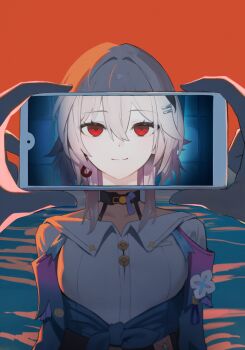 1girl ai-assisted black_flower breasts cellphone cellphone_photo earrings evernight_(honkai:_star_rail) flower gloves hair_between_eyes hair_ornament hairclip highres holding holding_phone honkai:_star_rail honkai_(series) jacket jewelry long_hair long_sleeves looking_at_viewer march_7th_(honkai:_star_rail) medium_hair multiple_girls ocean parody phone pink_hair red_eyes sayonara_eri shirt short_hair shuraillusts smartphone smile solo taking_picture water white_shirt