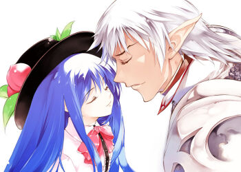  1boy 1girl armor blue_hair buront closed_eyes commentary_request couple crossover elf elvaan face-to-face final_fantasy final_fantasy_xi food fruit hat hetero hinanawi_tenshi long_hair m.u.g.e.n peach pointy_ears smile sumi_keiichi the_legend_of_gluttony touhou upper_body white_hair 