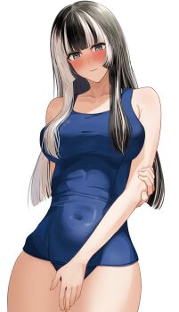  1girl absurdres alternate_costume black_hair blue_eyes blue_one-piece_swimsuit blush breasts closed_mouth covered_navel grey_streaks highres hololive hololive_dev_is juufuutei_raden large_breasts looking_at_viewer mino_(miiiinon611) multicolored_hair navel one-piece_swimsuit sidelocks solo streaked_hair swimsuit virtual_youtuber 