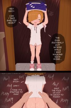  1boy 1girl ^^^ absurdres age_difference arms_behind_head ass bag bottomless brown_hair closed_eyes diagonal_bangs dimples_of_venus english_text facing_viewer flying_sweatdrops hair_over_one_eye highres huntamann loli multiple_views original panels panties pov pov_hands pussy rain school_bag sex sex_from_behind shirt short_hair short_sleeves smile solo_focus sound_effects speech_bubble tomboy torso_grab underwear unworn_panties white_panties white_shirt  rating:Explicit score:253 user:MonsieurCinq