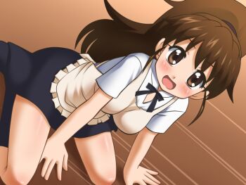 1girl :d apron awa black_socks blush breasts brown_eyes brown_hair female_focus grin long_hair looking_at_viewer looking_up open_mouth ponytail ribbon sitting skirt smile socks solo taneshima_popura waitress wariza working!! rating:Sensitive score:25 user:internetlovemachine