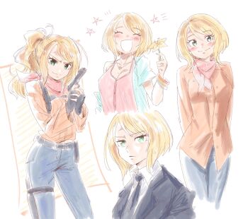  alternate_costume aqua_shirt arms_behind_back ashley_graham bangle bervens12 black_jacket black_necktie blonde_hair blue_pants blush bracelet breasts chest_harness cleavage closed_eyes closed_mouth collared_shirt dress flower furrowed_brow green_eyes grey_pants gun handgun harness highres holding holding_flower holding_gun holding_weapon jacket jewelry lily_(flower) long_hair medium_breasts medium_hair neckerchief necktie open_mouth orange_shirt orange_sweater pants pink_dress pink_neckerchief resident_evil resident_evil_4 ribbed_sweater shirt shirt_partially_removed single_bare_shoulder sketch sleeveless sleeveless_dress smile suit_jacket sweater weapon white_background white_shirt yellow_flower 