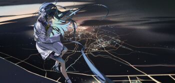  1girl black_shoes blonde_hair blue_eyes blue_hair chinese_commentary city_lights cloud colored_inner_hair commentary_request crossed_arms dress floating from_side full_body gradient_hair hair_intakes hair_ornament high_heels high_up highres long_hair looking_down luojia_ying multicolored_hair night profile reverse:1999 shoes short_dress socks solo star_(symbol) star_hair_ornament starry_skin voyager_(reverse:1999) white_dress white_socks 