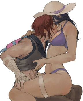  arcane:_league_of_legends arcane_vi between_breasts bikini breasts butch/femme_couple caitlyn_(league_of_legends) clothes_lift face_between_breasts hand_wraps hat head_between_breasts highres kahelmoan league_of_legends lifting_another's_clothes lipstick_mark lipstick_mark_on_face lipstick_mark_on_neck official_alternate_costume pool_party_caitlyn purple_bikini red_hair shirt_lift straddling sun_hat swimsuit tan tanline upright_straddle vi_(league_of_legends) water_gun yuri 
