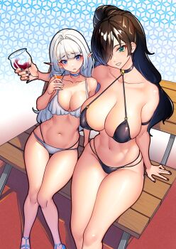  2girls abs absurdres ahoge arm_around_neck arm_strap bikini black_bikini black_hair black_nails blue_eyes blunt_bangs blush breasts claire_(sent_ou) cleavage collarbone commentary_request commission cup elf feet_out_of_frame furrowed_brow green_eyes hair_over_one_eye highres holding holding_cup kate_(sent_ou) large_breasts long_hair looking_at_viewer micro_bikini multi-source_commentary multi-strapped_bikini_bottom multiple_girls navel nicchi o-ring o-ring_bikini on_bench original pointy_ears sitting skeb_commission smile stomach swimsuit white_bikini white_hair 