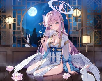  1girl absurdres architecture blue_archive blush breasts cleavage closed_mouth east_asian_architecture feathered_wings flower full_moon halo hand_fan highres holding holding_fan indoors japanese_clothes kimono kinokomushi large_breasts looking_at_viewer lotus low_wings mika_(blue_archive) moon night night_sky pink_hair pink_halo rabbit see-through_clothes sidelocks sitting_sideways sky smile solo wet wet_clothes white_kimono white_wings wings yellow_eyes 