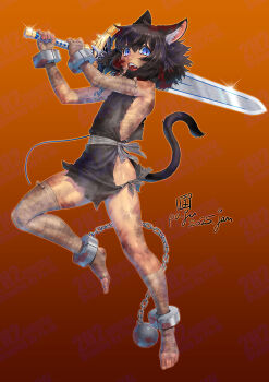  1girl 2025 animal_ears artist_name asymmetrical_legwear ball_and_chain_restraint bandage_gloves bandage_socks bandage_thighhighs bandaged_arm bandaged_leg bandages black_hair black_tail blood blood_in_hair blood_on_arm blood_on_back blood_on_cheek blood_on_clothes blood_on_ears blood_on_feet blood_on_leg blood_on_shoulder bloody_bandages blue_eyes breasts cat_ears cat_girl cat_tail chain clothing_request collar commentary_request cuffs dirty dirty_clothes dirty_face dirty_feet dynamic_pose fangs fingerless_gloves fran_(tensei_shitara_ken_deshita) full_body gem glint gloves gradient_background grey_ribbon hair_between_eyes hands_up highres holding holding_sword holding_weapon looking_at_viewer medium_hair open_mouth orange_background orange_outline outline over_shoulder po-ju rags red_gemstone ribs shackles shishou_(tensei_shitara_ken_deshita) sideboob sideless_outfit sidelocks signature slave slit_pupils small_breasts solo standing standing_on_one_leg stirrup_legwear sword sword_over_shoulder tail teeth tensei_shitara_ken_deshita thighs toeless_legwear toenails toes two-handed_sword upper_teeth_only variant_set waist_ribbon weapon weapon_over_shoulder 