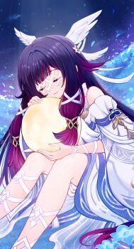  1girl absurdres aqua_feathers black_hair blue_flower blue_petals blunt_bangs closed_eyes closed_mouth collarbone colored_inner_hair columbina_(genshin_impact) commentary_request dress falling_feathers falling_petals feathered_wings feathers feet_out_of_frame flower genshin_impact hair_ribbon head_wings highres long_hair long_sidelocks marekamico multicolored_hair multiple_wings petals pink_hair ribbon sidelocks smile solo very_long_hair white_dress white_mask white_ribbon white_wings wings wrist_ribbon 