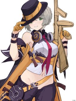  1girl absurdres bare_shoulders black_coat black_hat black_pants blush braid braided_base breasts bun_with_braided_base coat coat_partially_removed cod_(v_eday1945) commentary commission cosplay cropped_shirt drum_magazine english_commentary fedora gamryous girls'_frontline gloves green_eyes grey_hair gun hair_bun half_gloves hat hat_tip headphones headphones_around_neck highres looking_to_the_side magazine_(weapon) medium_breasts midriff navel necktie orange_coat orange_gloves original pants parted_lips red_necktie shirt simple_background sleeveless sleeveless_shirt smile solo submachine_gun thompson_(girls'_frontline) thompson_(girls'_frontline)_(cosplay) thompson_submachine_gun weapon white_background white_shirt wrist_belt 