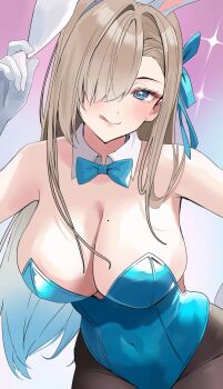  1girl animal_ear_hairband animal_ears asuna_(blue_archive) asuna_(bunny)_(blue_archive) bare_shoulders black_pantyhose blonde_hair blue_archive blue_bow blue_bowtie blue_eyes blue_leotard blush bow bowtie breasts cleavage commentary_request covered_navel detached_collar fake_animal_ears gloves gradient_hair hair_over_one_eye hair_ribbon hairband highres large_breasts leotard long_hair looking_at_viewer mole mole_on_breast multicolored_hair nakano_kura pantyhose rabbit_ear_hairband rabbit_ears ribbon smile solo tongue tongue_out very_long_hair white_gloves 