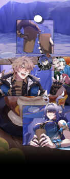  2boys 3girls aino_(genshin_impact) alcohol antlers breasts commentary_request cup deer_antlers drunk flins_(genshin_impact) genshin_impact highres horns image_sample ineffa_(genshin_impact) large_breasts lauma_(genshin_impact) multiple_boys multiple_girls paid_reward_available pixiv_sample saki_(remainaddd) varka_(genshin_impact) 