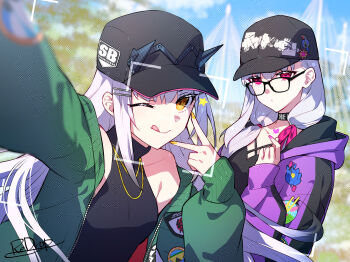  2girls black_hat commentary_request fate/grand_order fate_(series) glasses hat highres kama_(fate) kama_(second_ascension)_(fate) kama_(teenager)_(fate) kama_(tour_outfit)_(fate) long_hair looking_at_viewer melusine_(fate) melusine_(over_the_same_sky)_(fate) multiple_girls official_artist_extra one_eye_closed picture_frame red_eyes redrop signature v white_hair yellow_eyes 