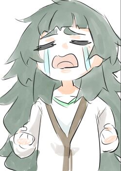 1girl blunt_bangs collar commentary_request crying dress green_collar green_dress green_eyes green_hair green_trim hiyajou_maho jacket_over_dress long_hair long_sleeves meme messy_hair sadarann science_adventure shirt sobbing solo steins;gate steins;gate_0 streaming_tears tears thick_eyebrows uohhhhhhhhh!_(meme) very_long_hair