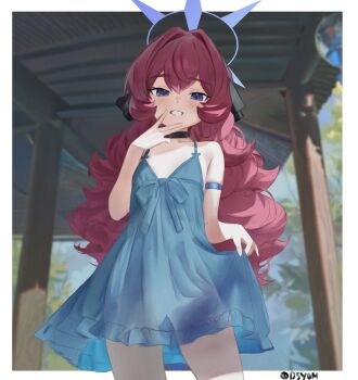  1girl alternate_costume arm_strap artist_name black_choker blue_archive blue_halo choker clothes_lift cowboy_shot d5y0m dress flat_chest fluffy_hair hair_intakes hair_ribbon halo highres iroha_(blue_archive) lifting_own_clothes long_hair looking_at_viewer outdoors red_hair ribbon skirt skirt_lift smile solo sundress 