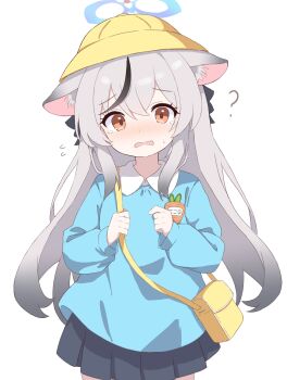 1girl ? absurdres animal_ears bag black_hair black_skirt blue_archive blue_halo blush cowboy_shot flying_sweatdrops grey_hair hair_between_eyes halo hat highres kindergarten_uniform kokona_(blue_archive) long_hair long_sleeves multicolored_hair open_mouth orange_eyes pleated_skirt school_hat simple_background skirt solo streaked_hair tiger_ears white_background yellow_hat yukisiannn rating:General score:20 user:danbooru