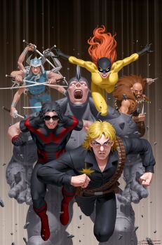  2girls 4boys armor bald bandolier belt black_gloves black_hair blonde_hair blue_bodysuit bodysuit boots breasts brown_facial_hair brown_hair character_request clenched_teeth comic_cover commentary covered_abs dual_wielding english_commentary extra_arms facial_hair fake_horns floating_hair gloves gradient_background grey_background grey_bodysuit hellcat_(marvel) hellcat_(patsy_walker) helmet highres holding holding_knife holding_sword holding_weapon horns instagram_logo instagram_username japanese_armor kabuto_(helmet) katana knife kraven_the_hunter large_breasts long_hair looking_at_viewer marvel multiple_boys multiple_girls muscular muscular_male no_pupils official_art open_mouth orange_hair pelt red_boots rhino_(marvel) short_hair signature spider-man_(series) spiral_(marvel) stubble sunglasses sword teeth textless_version weapon western_comics_(style) white_hair wonder_man_(marvel) x-men yellow_bodysuit yellow_eyes yoon_junggeun 