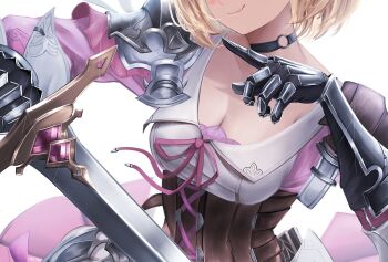  1girl black_choker blonde_hair bra breasts choker cleavage closed_mouth collarbone cropped djeeta_(granblue_fantasy) dress eyes_out_of_frame gauntlets granblue_fantasy head_out_of_frame holding holding_sword holding_weapon medium_breasts mercury_63 paid_reward_available pink_bra pink_dress pink_lips short_hair simple_background smile solo sword underwear upper_body weapon white_background 