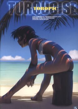  ass bandeau barefoot beach black_hair c-string dappled_sunlight dark-skinned_female dark_skin day fushigi_no_umi_no_nadia highres hunched_over log nadeara_bukichi nadia_la_arwall non-web_source open_mouth outdoors page_number scan shore short_hair sitting strapless strapless_bottom sunlight tube_top white_bandeau  rating:Sensitive score:83 user:danbooru